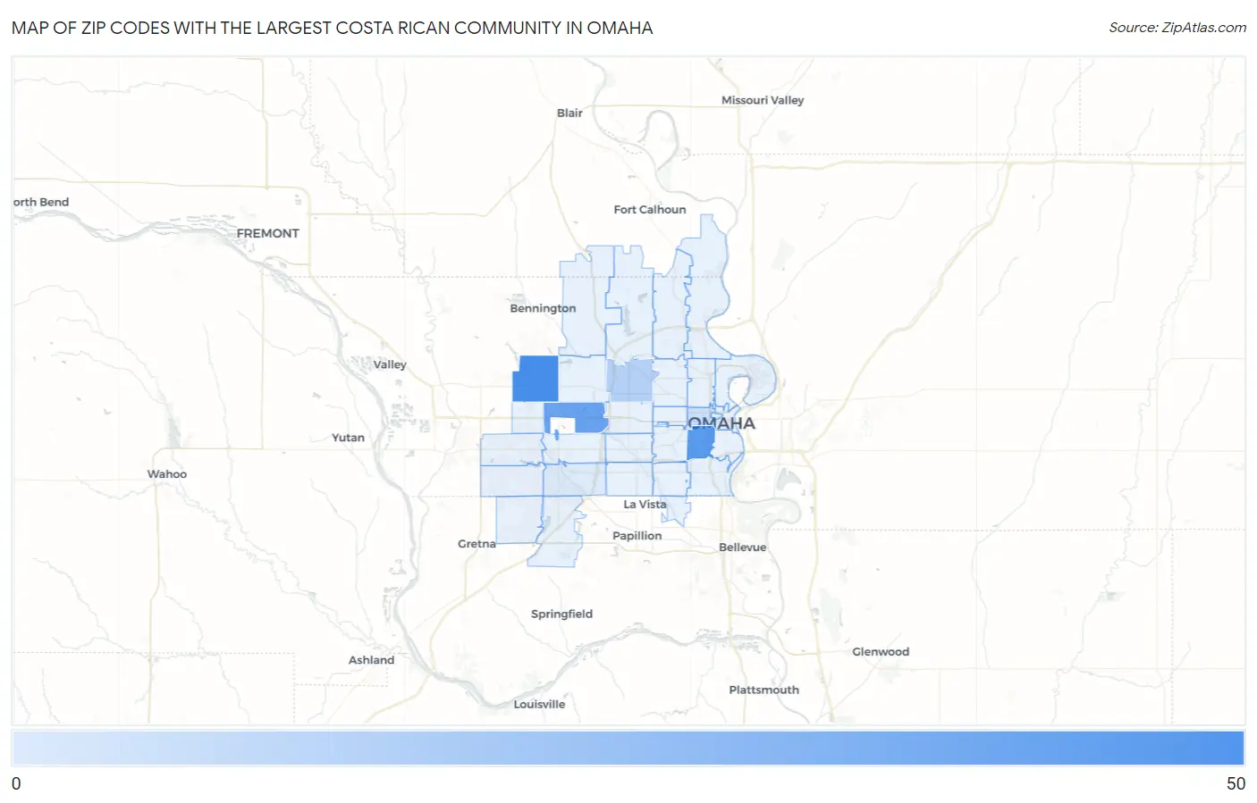 Zip Codes with the Largest Costa Rican Community in Omaha Map