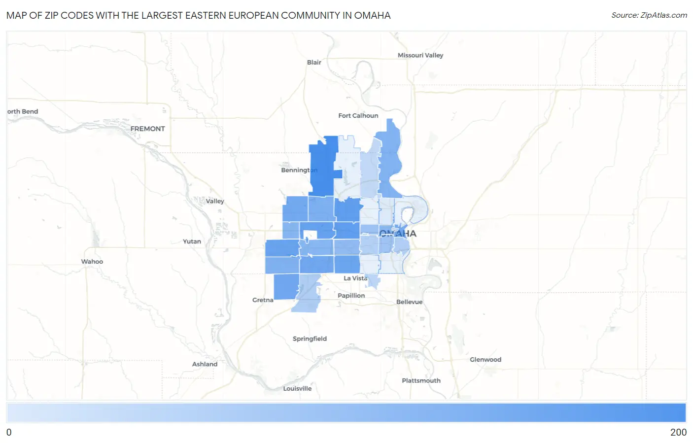 Zip Codes with the Largest Eastern European Community in Omaha Map