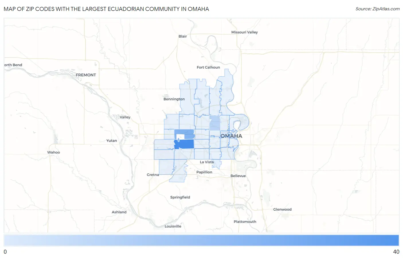 Zip Codes with the Largest Ecuadorian Community in Omaha Map