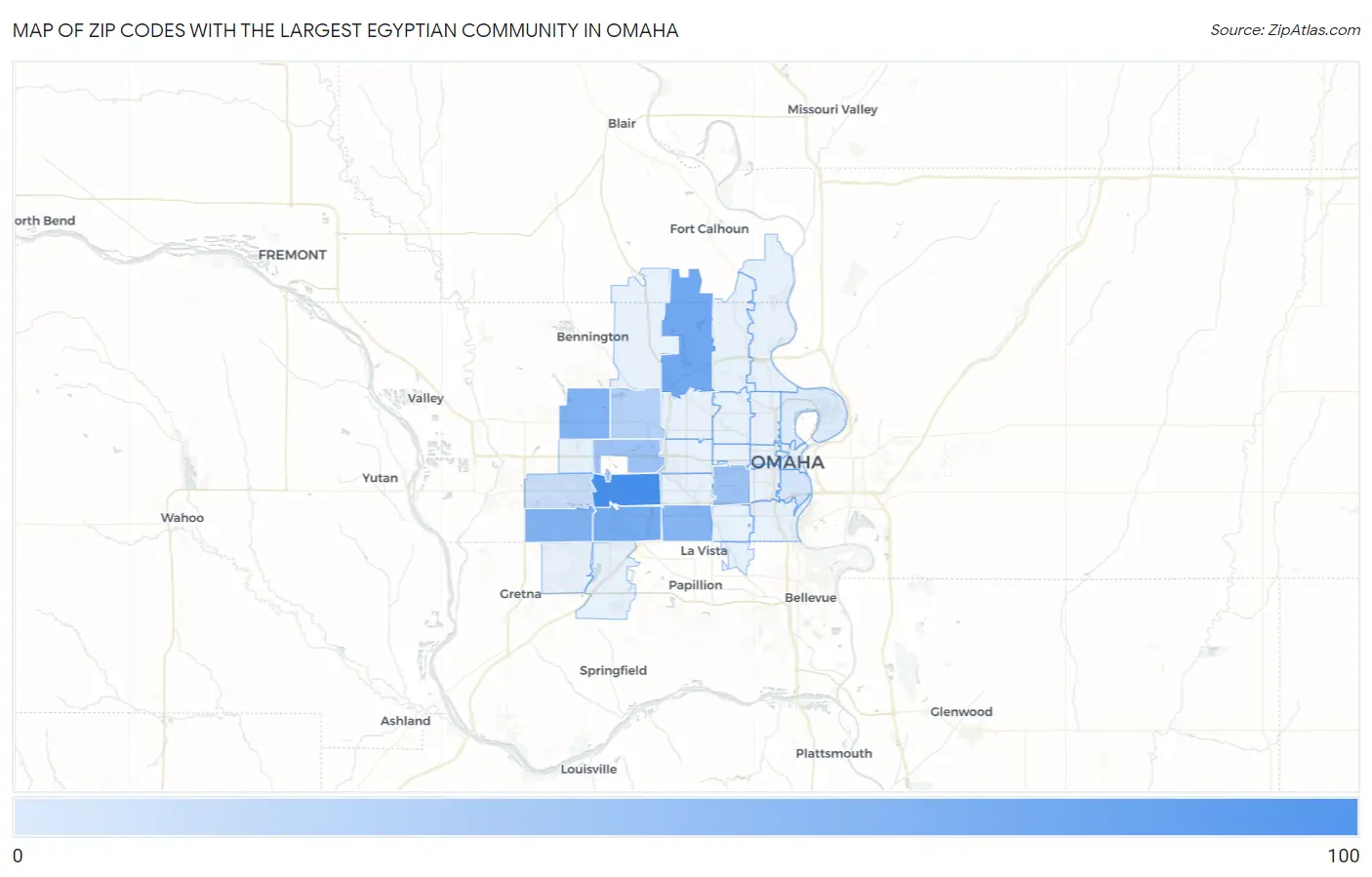 Zip Codes with the Largest Egyptian Community in Omaha Map