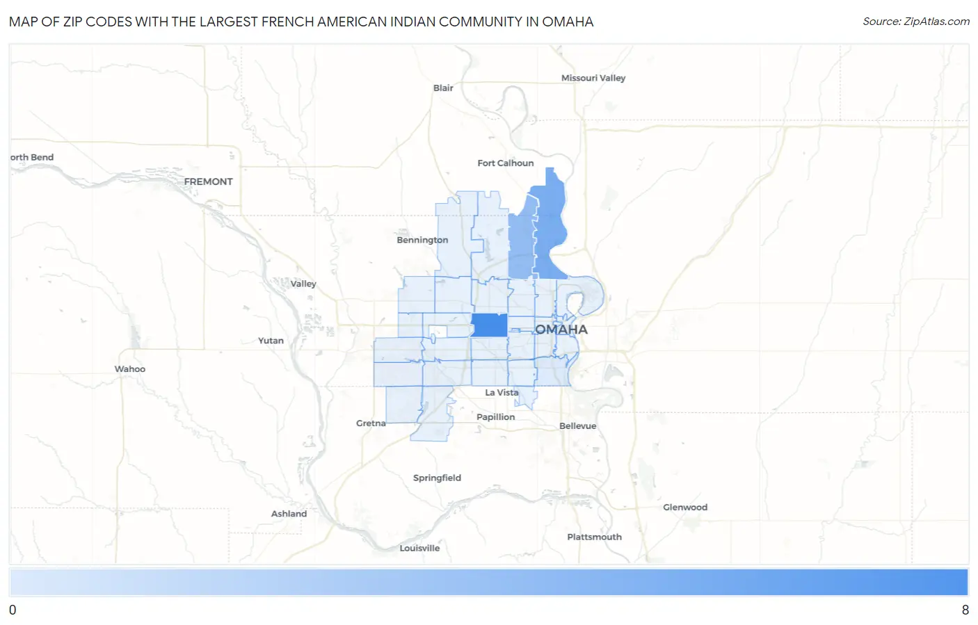Zip Codes with the Largest French American Indian Community in Omaha Map
