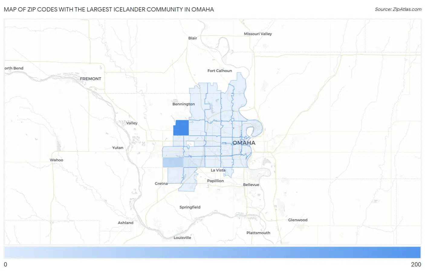 Zip Codes with the Largest Icelander Community in Omaha Map