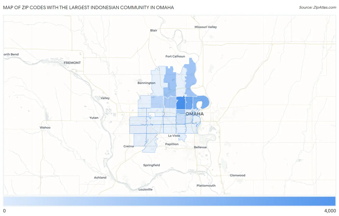 Zip Codes with the Largest Indonesian Community in Omaha Map