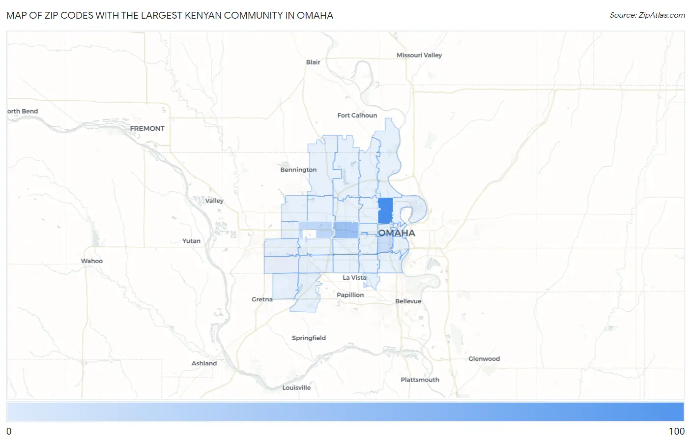 Zip Codes with the Largest Kenyan Community in Omaha Map