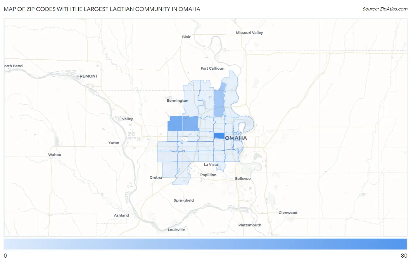 Zip Codes with the Largest Laotian Community in Omaha Map