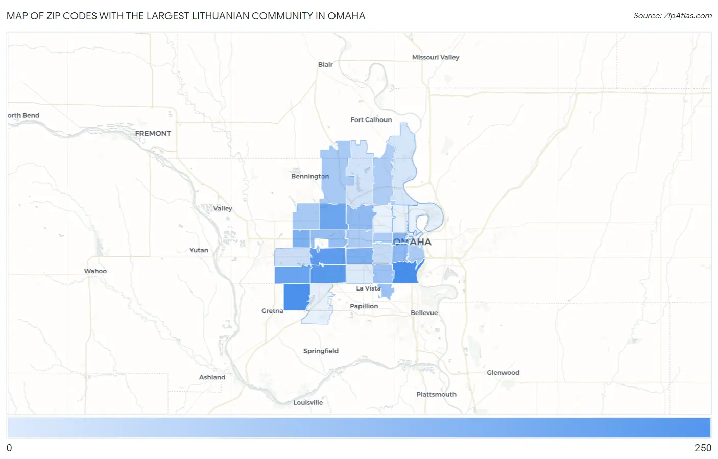 Zip Codes with the Largest Lithuanian Community in Omaha Map