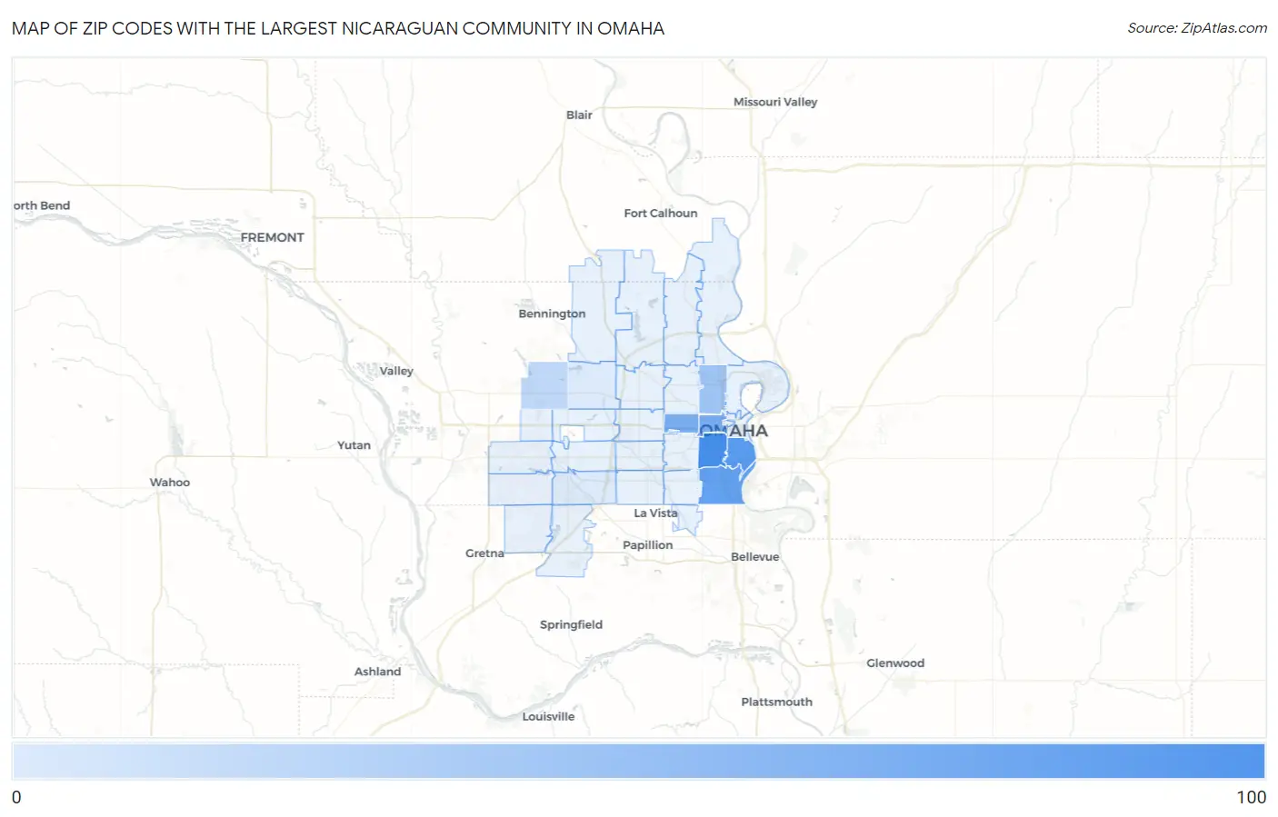 Zip Codes with the Largest Nicaraguan Community in Omaha Map