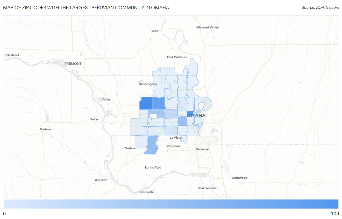 Zip Codes with the Largest Peruvian Community in Omaha Map