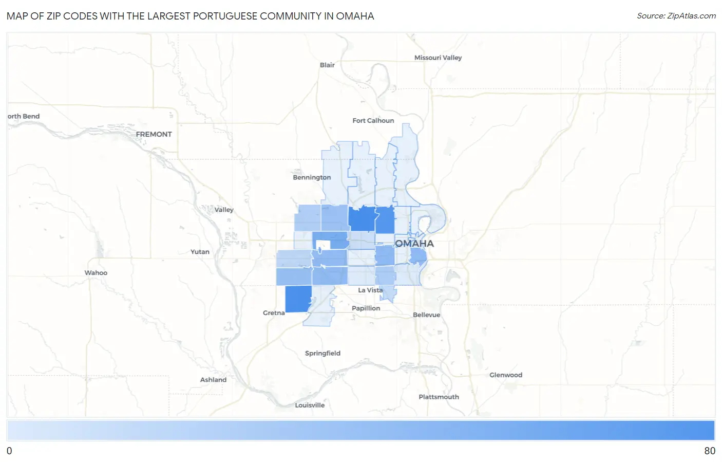 Zip Codes with the Largest Portuguese Community in Omaha Map
