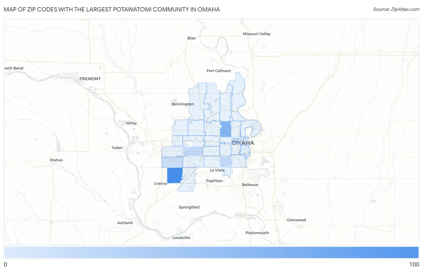 Zip Codes with the Largest Potawatomi Community in Omaha Map