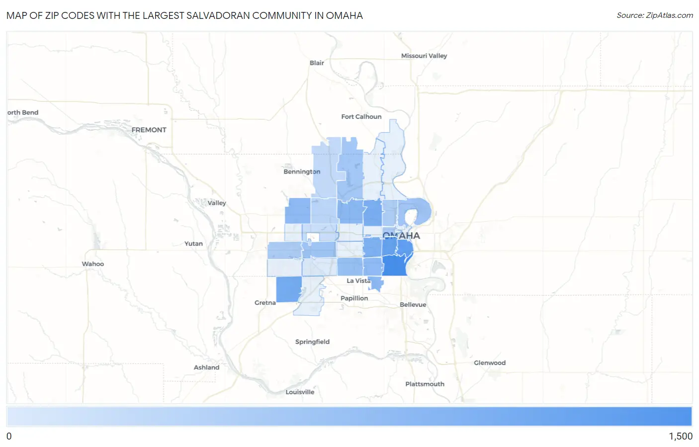 Zip Codes with the Largest Salvadoran Community in Omaha Map