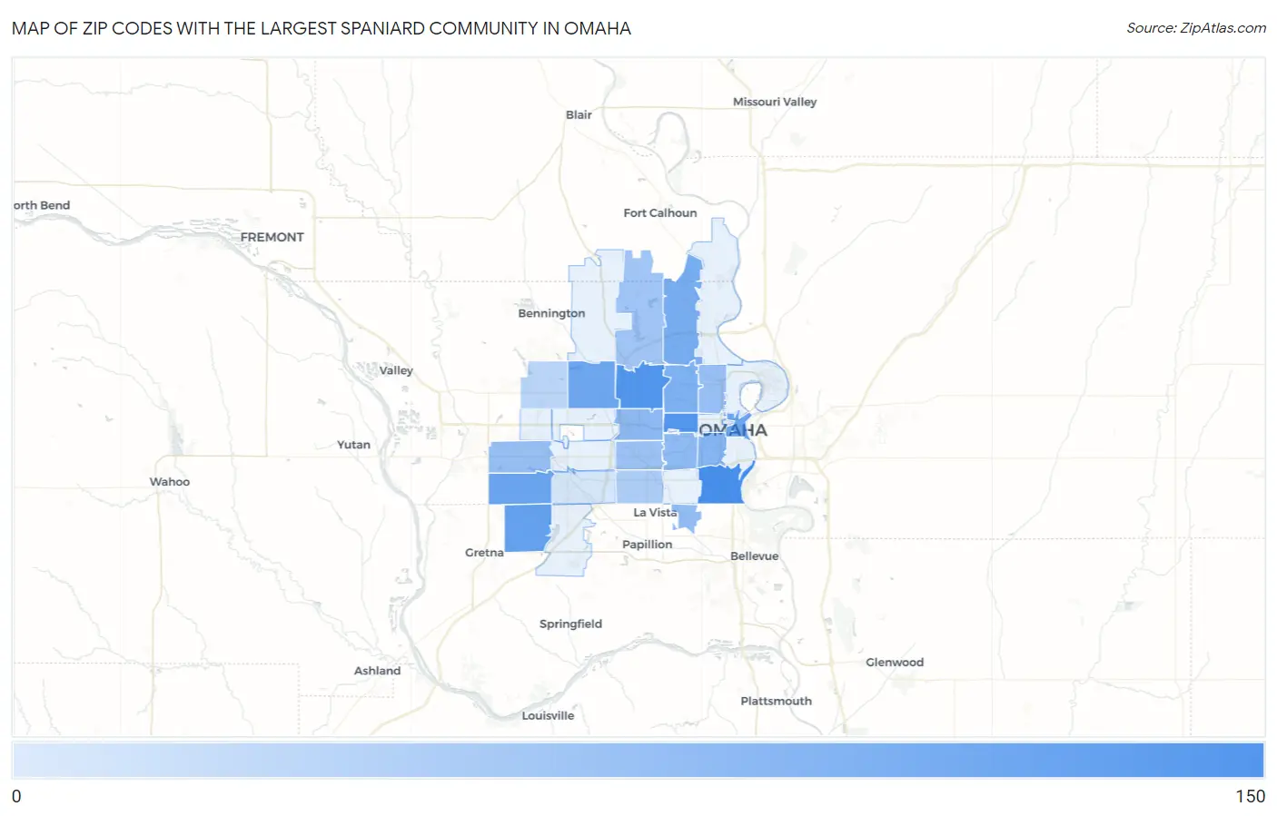 Zip Codes with the Largest Spaniard Community in Omaha Map