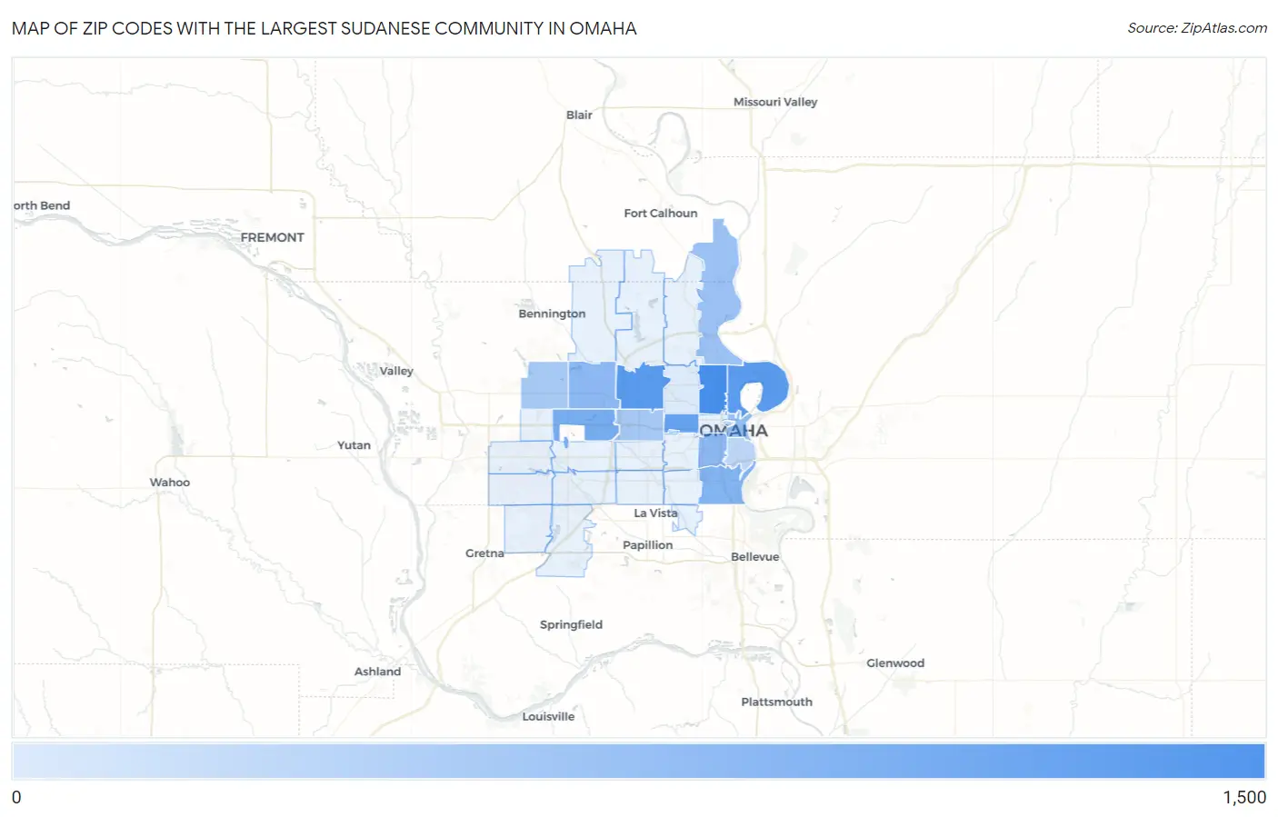Zip Codes with the Largest Sudanese Community in Omaha Map