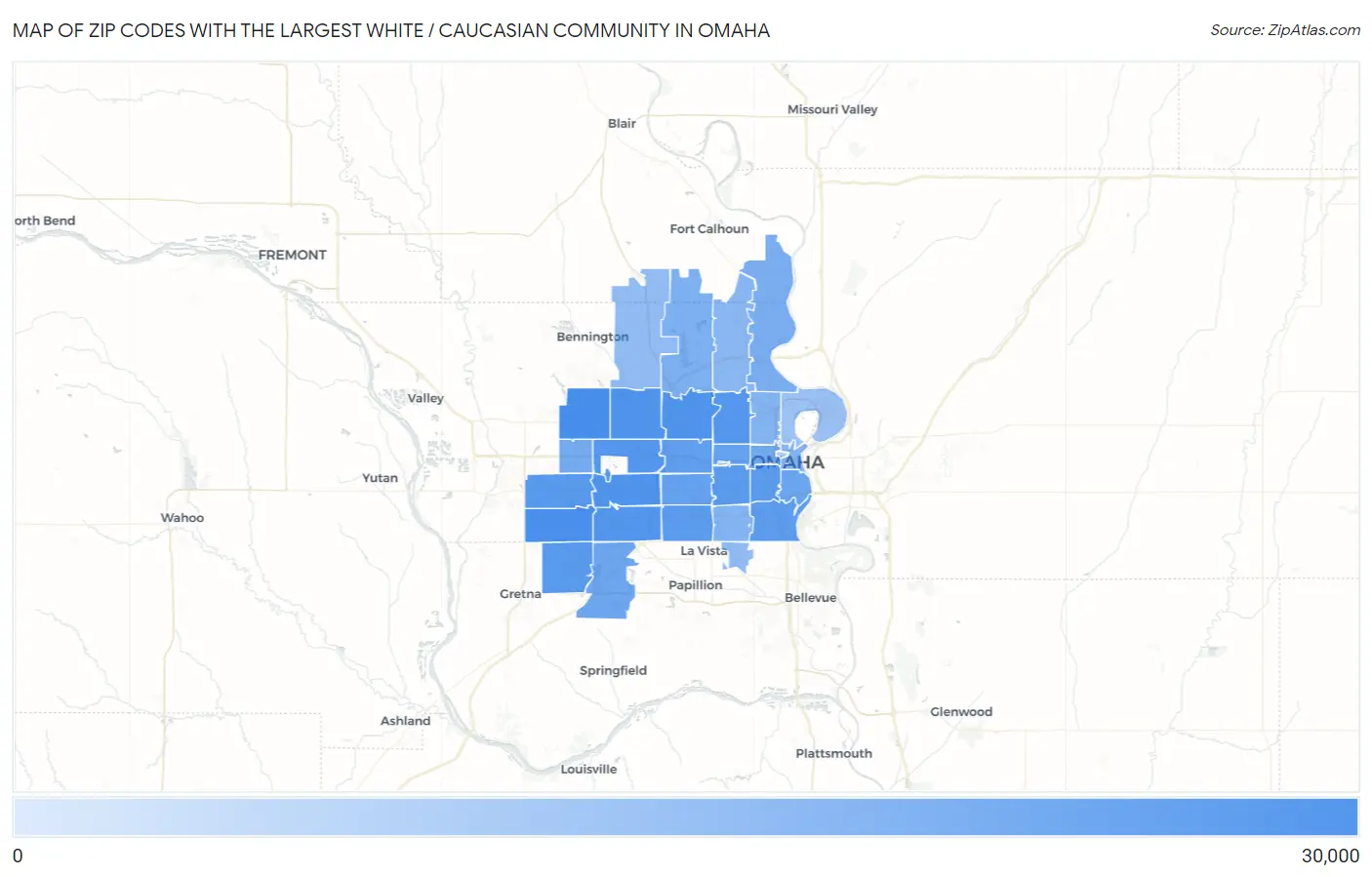 Zip Codes with the Largest White / Caucasian Community in Omaha Map