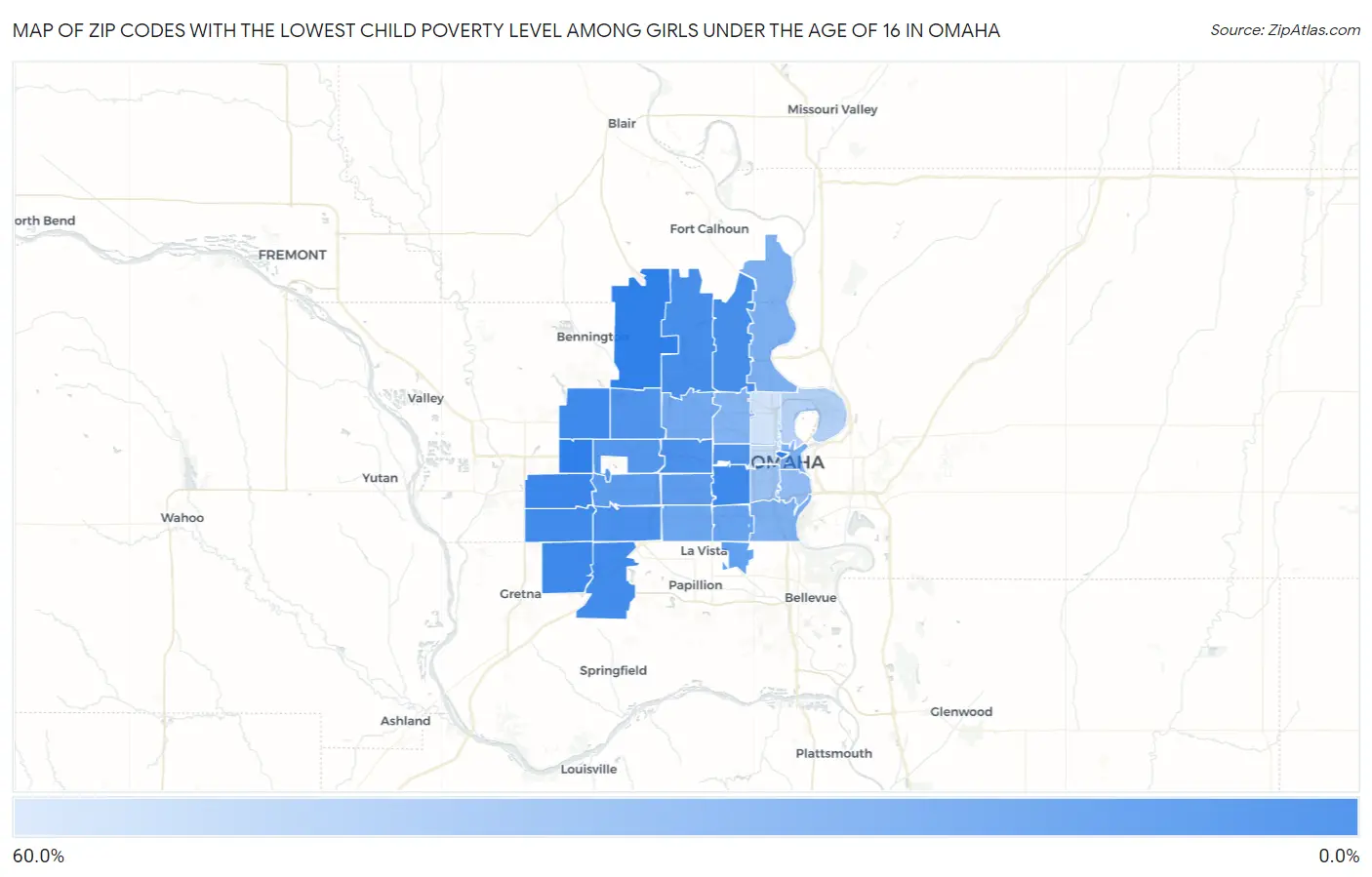 Zip Codes with the Lowest Child Poverty Level Among Girls Under the Age of 16 in Omaha Map