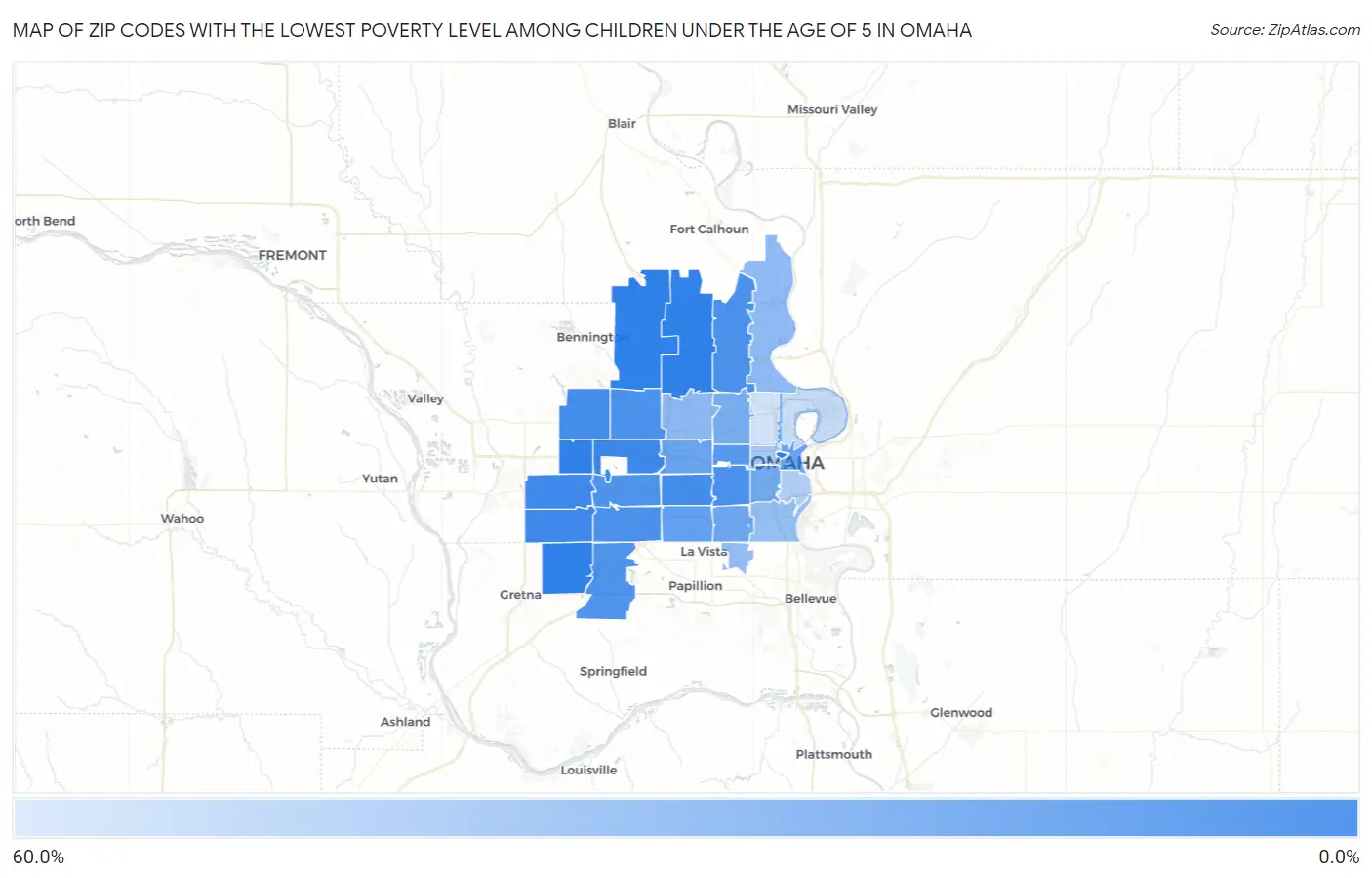 Zip Codes with the Lowest Poverty Level Among Children Under the Age of 5 in Omaha Map