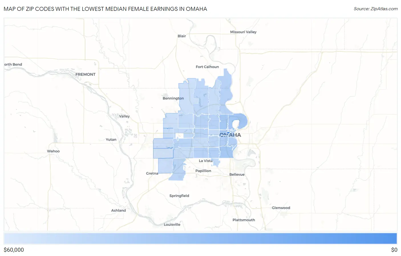 Zip Codes with the Lowest Median Female Earnings in Omaha Map