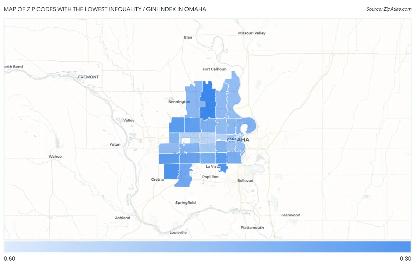 Zip Codes with the Lowest Inequality / Gini Index in Omaha Map