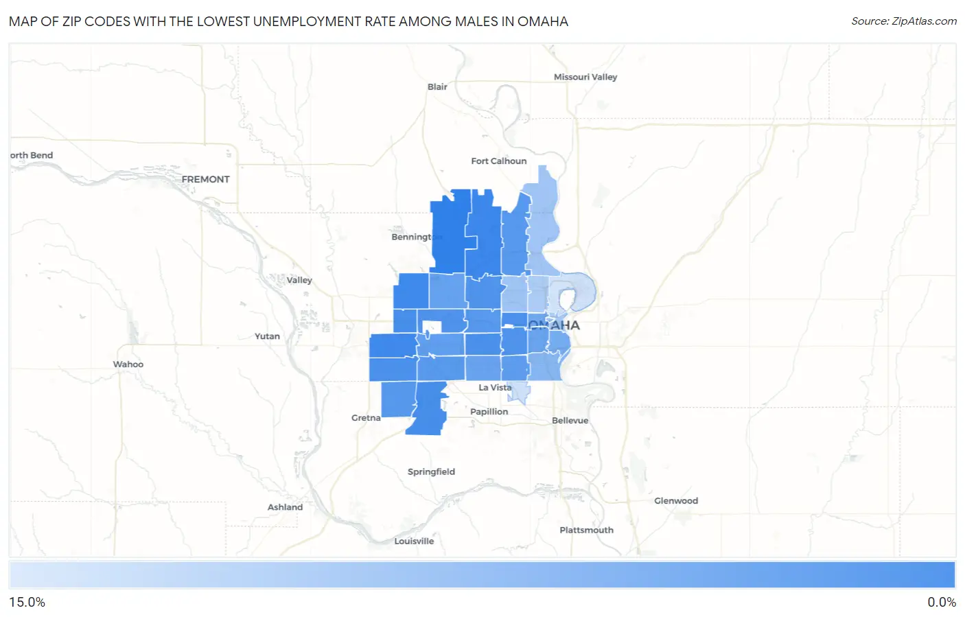 Zip Codes with the Lowest Unemployment Rate Among Males in Omaha Map
