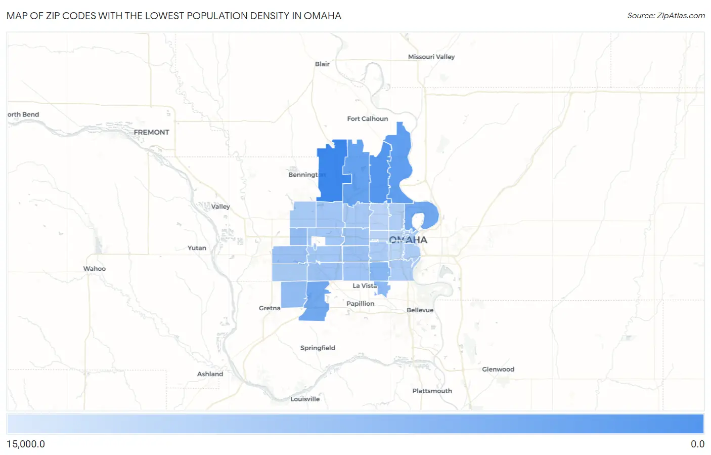 Zip Codes with the Lowest Population Density in Omaha Map
