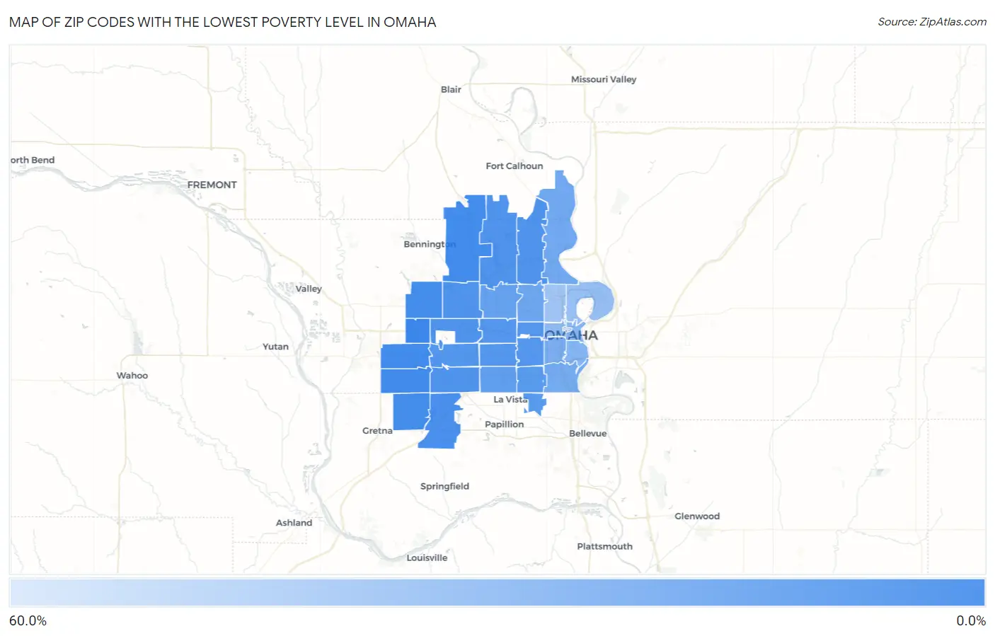 Zip Codes with the Lowest Poverty Level in Omaha Map
