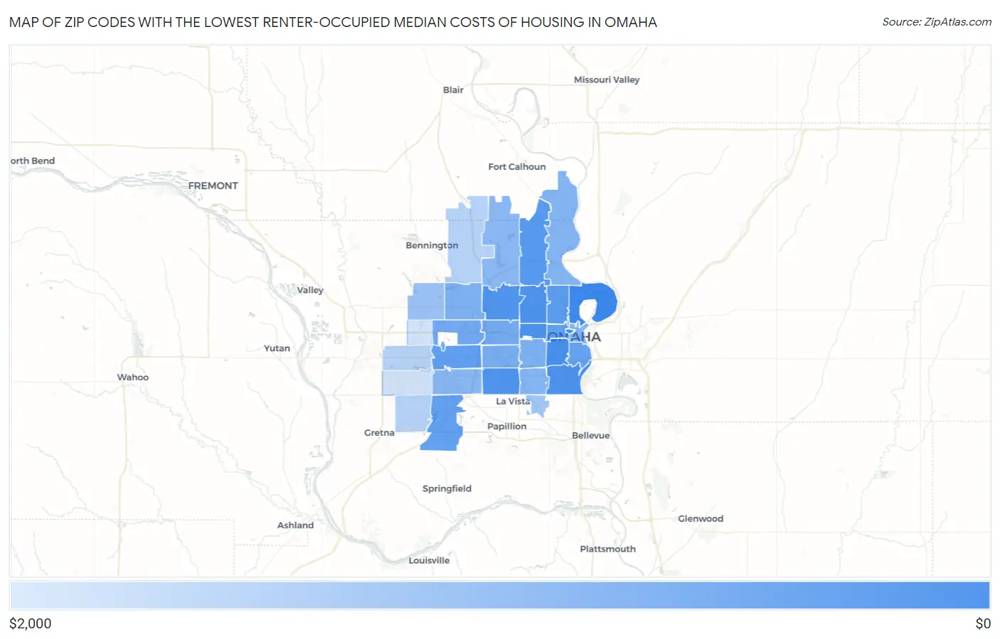 Zip Codes with the Lowest Renter-Occupied Median Costs of Housing in Omaha Map