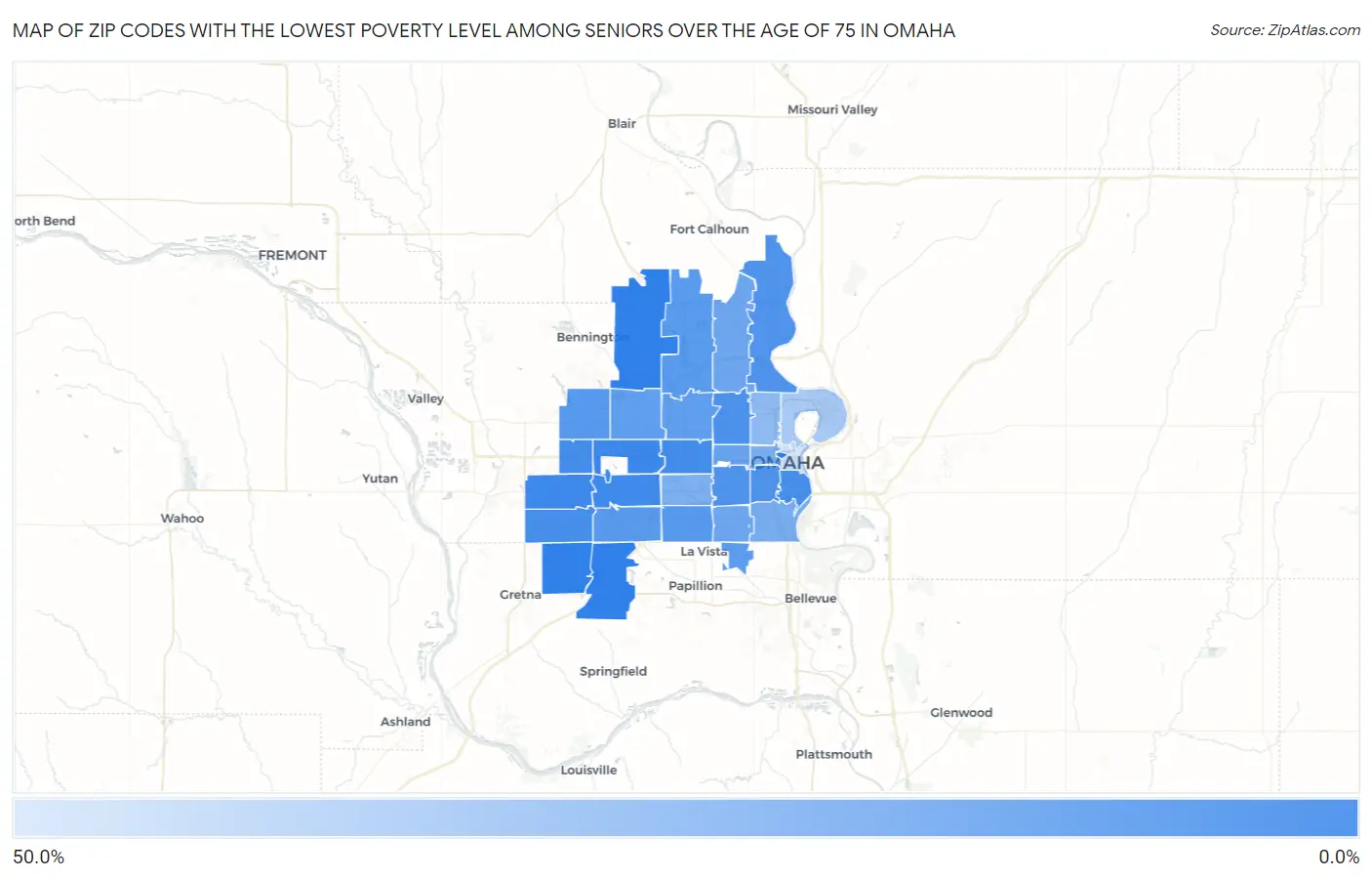 Zip Codes with the Lowest Poverty Level Among Seniors Over the Age of 75 in Omaha Map