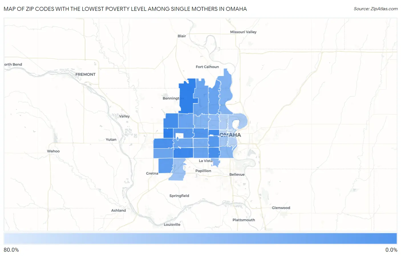 Zip Codes with the Lowest Poverty Level Among Single Mothers in Omaha Map