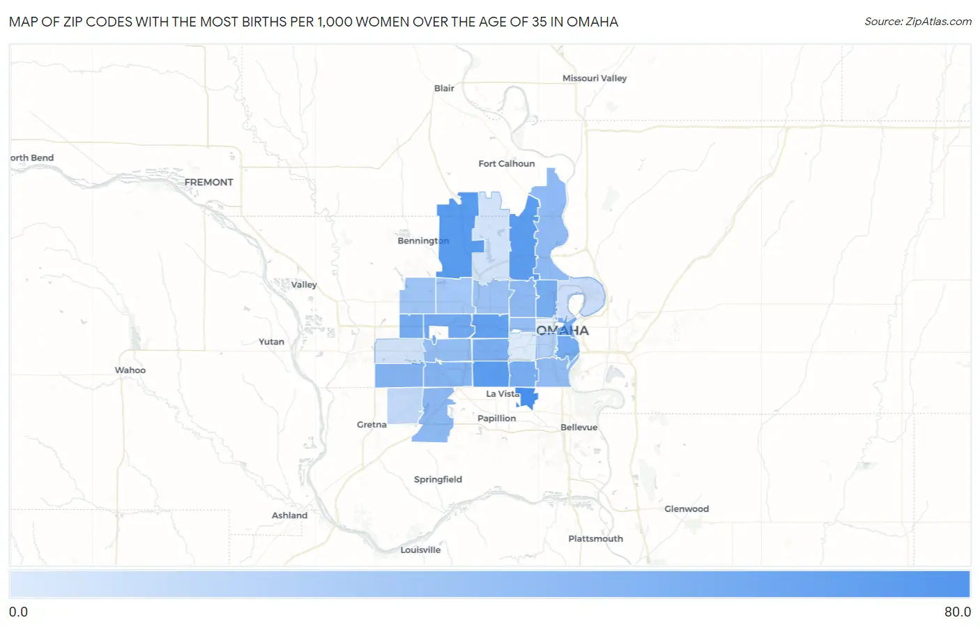 Zip Codes with the Most Births per 1,000 Women Over the Age of 35 in Omaha Map