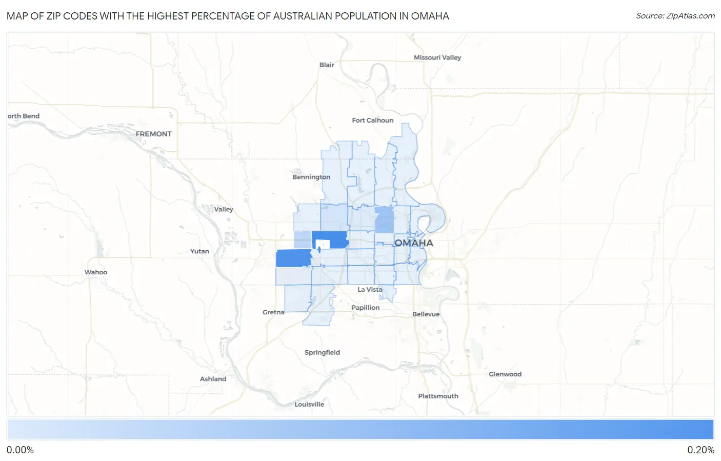 Zip Codes with the Highest Percentage of Australian Population in Omaha Map