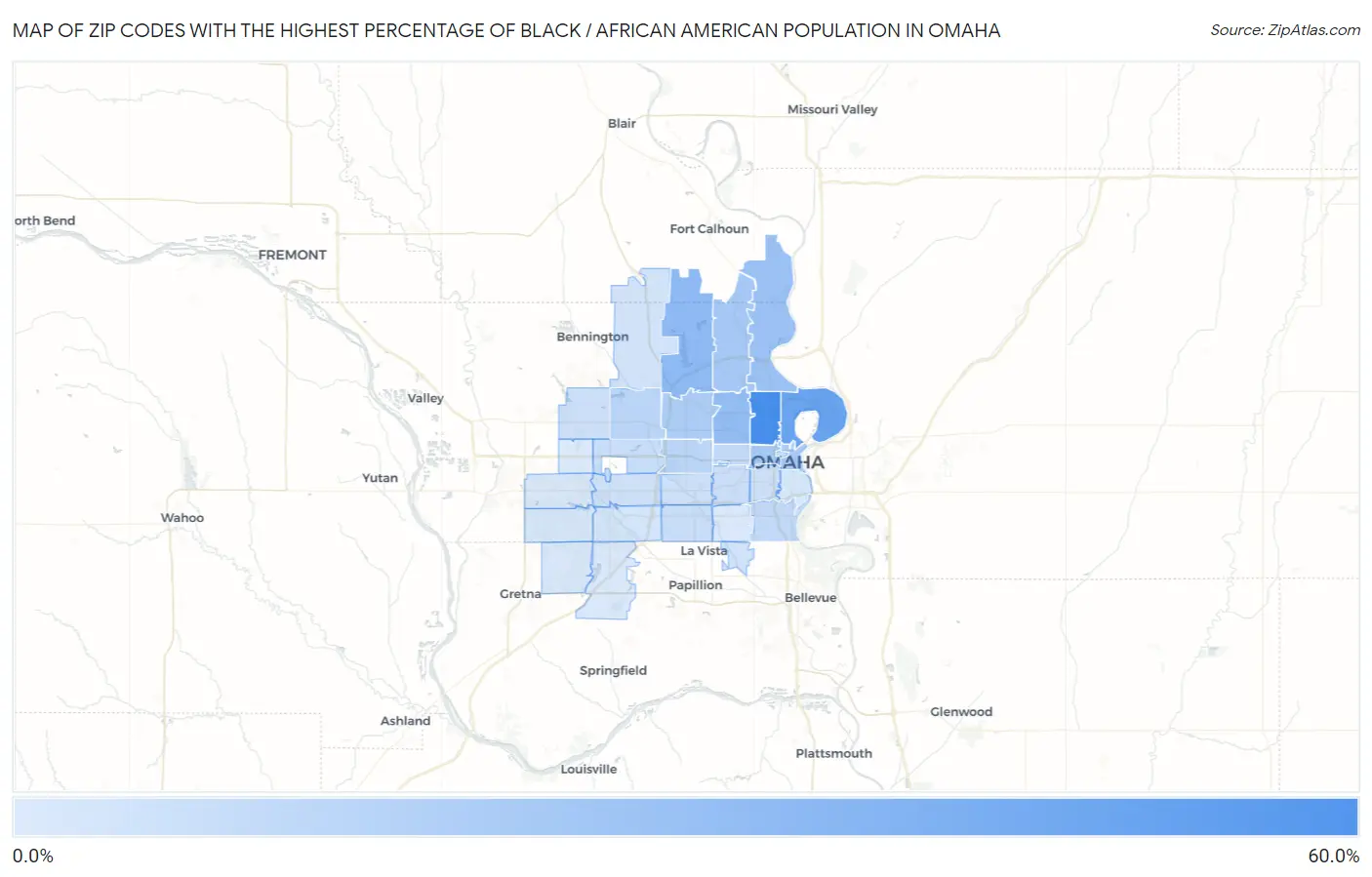 Zip Codes with the Highest Percentage of Black / African American Population in Omaha Map