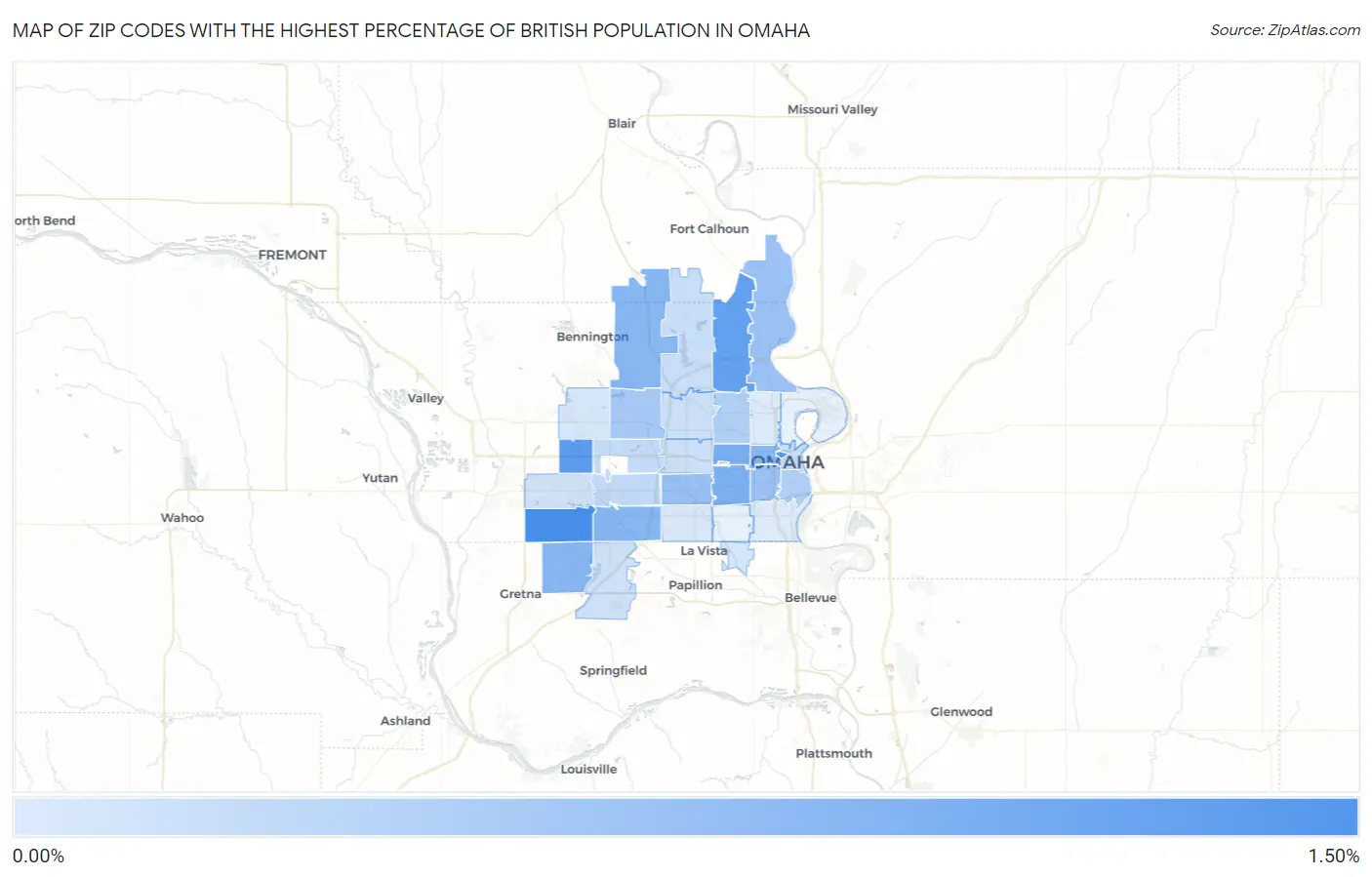 Zip Codes with the Highest Percentage of British Population in Omaha Map