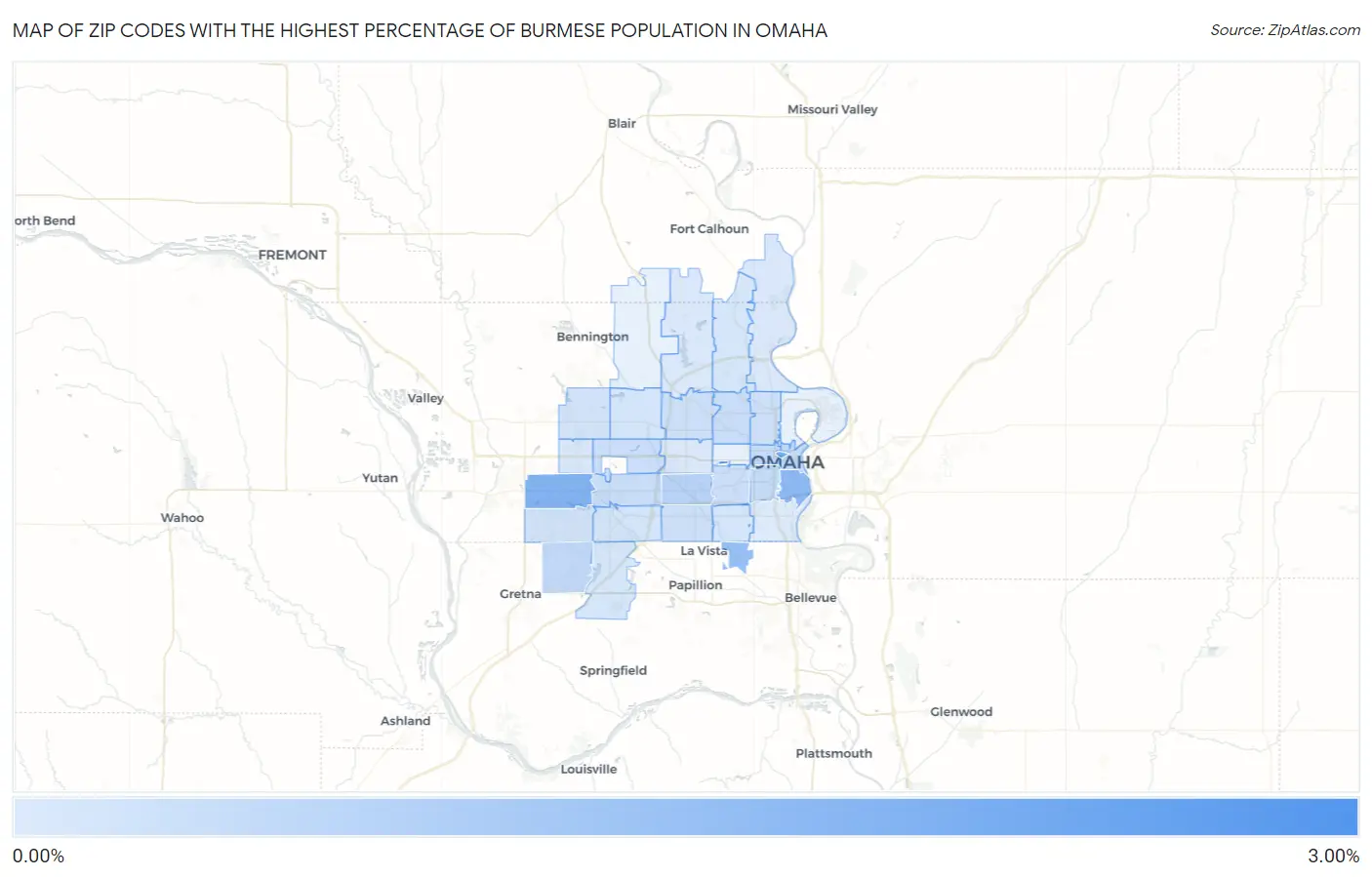 Zip Codes with the Highest Percentage of Burmese Population in Omaha Map