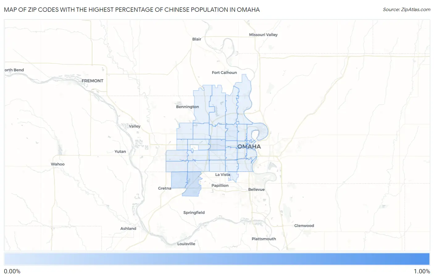 Zip Codes with the Highest Percentage of Chinese Population in Omaha Map