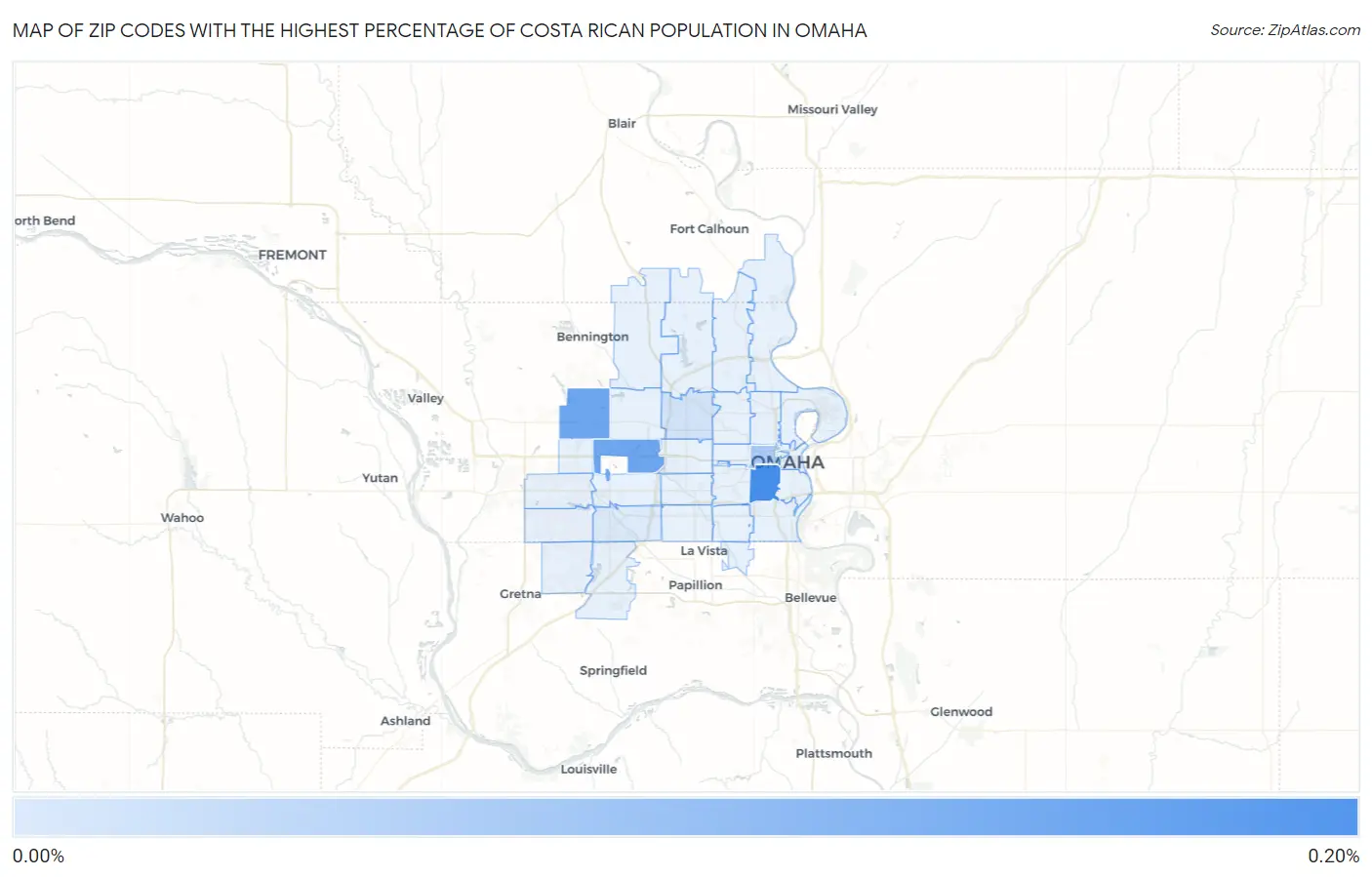 Zip Codes with the Highest Percentage of Costa Rican Population in Omaha Map