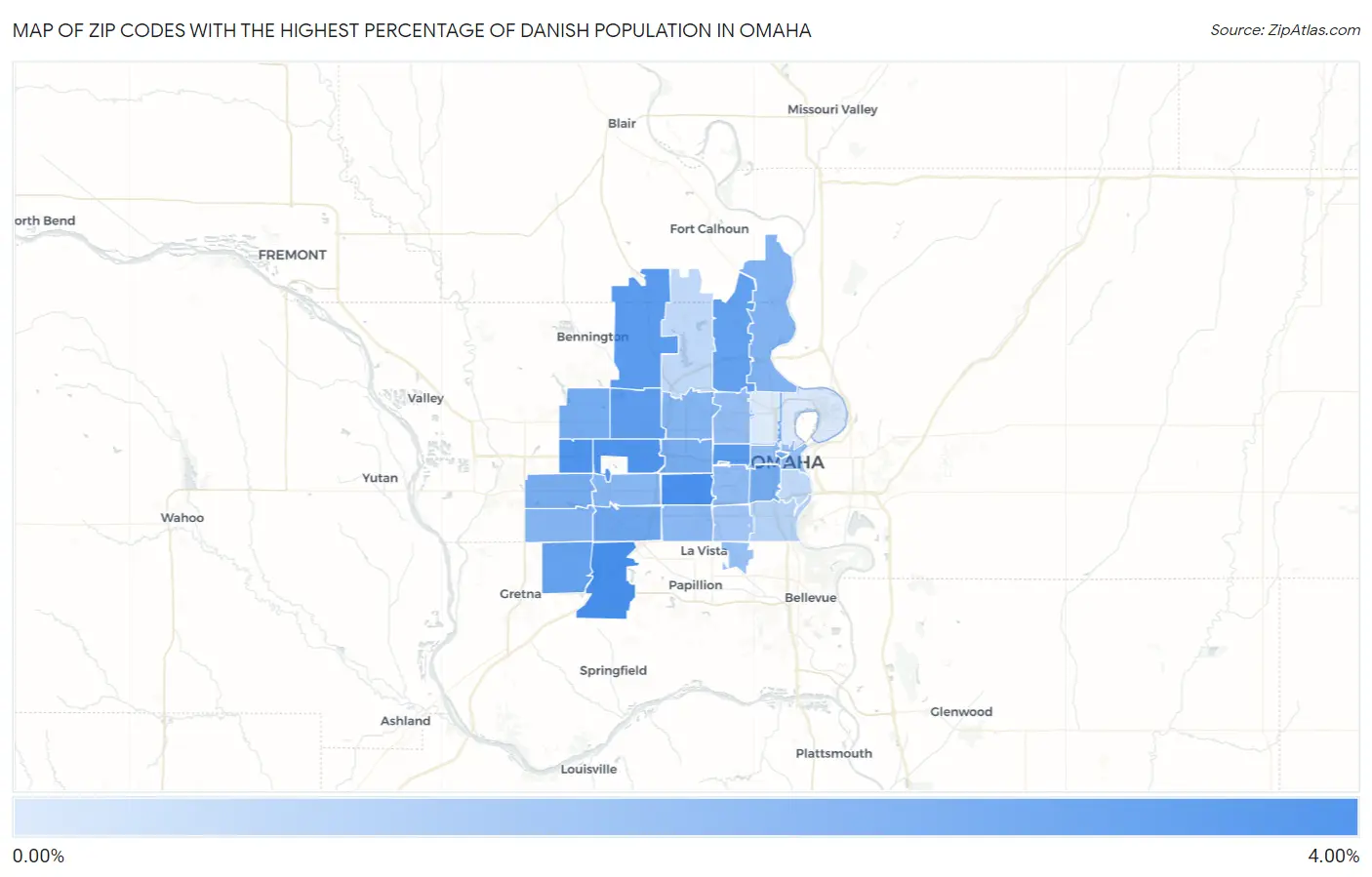 Zip Codes with the Highest Percentage of Danish Population in Omaha Map