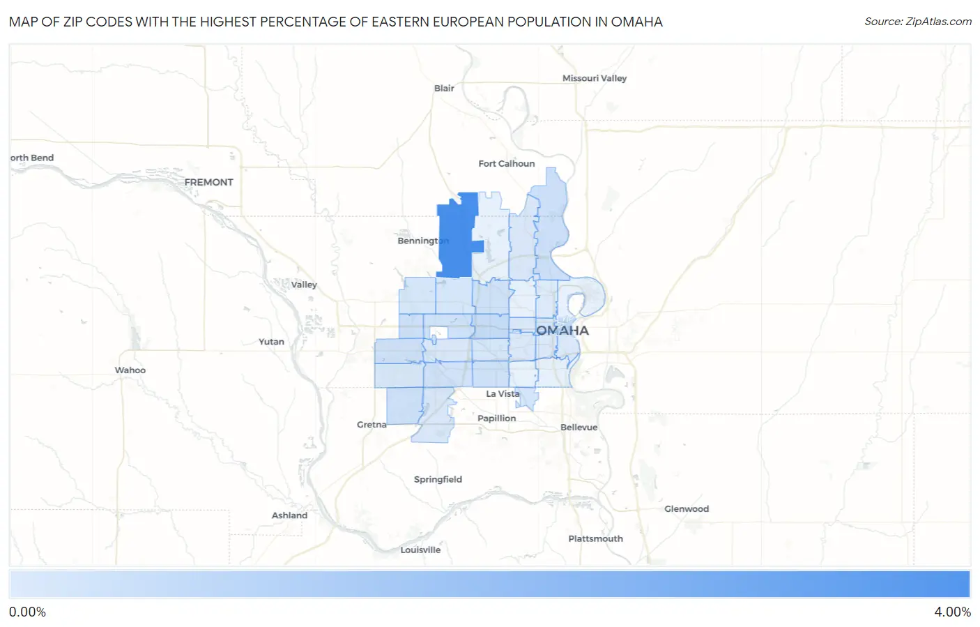 Zip Codes with the Highest Percentage of Eastern European Population in Omaha Map