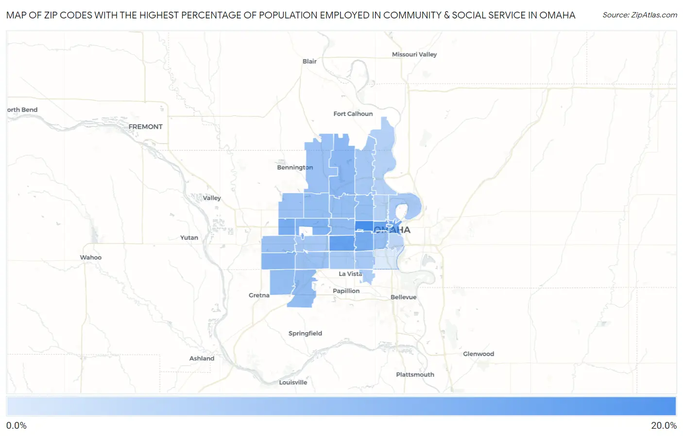 Zip Codes with the Highest Percentage of Population Employed in Community & Social Service  in Omaha Map