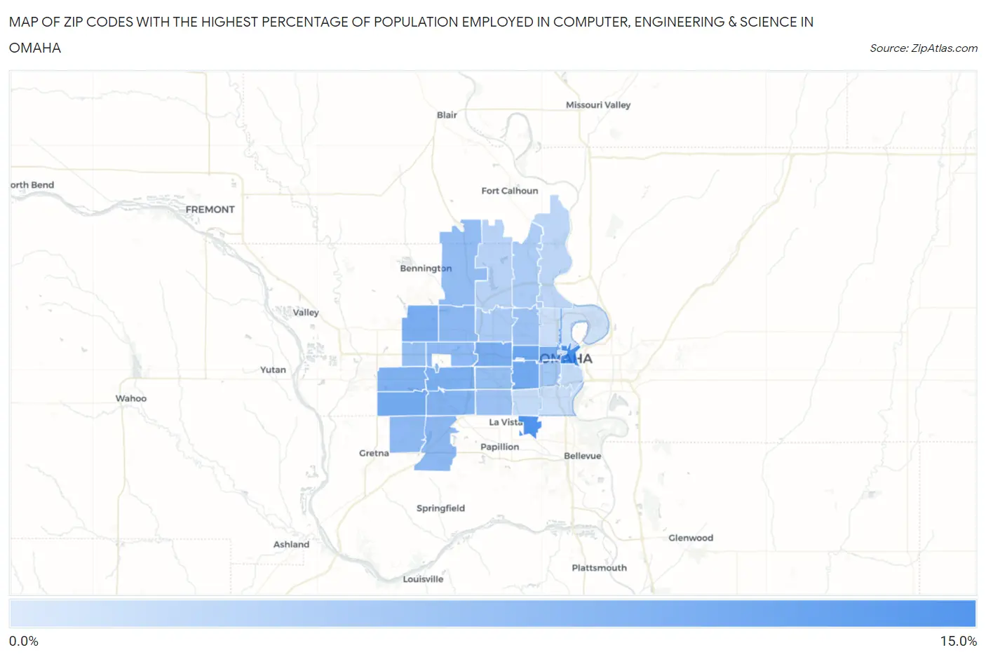 Zip Codes with the Highest Percentage of Population Employed in Computer, Engineering & Science in Omaha Map