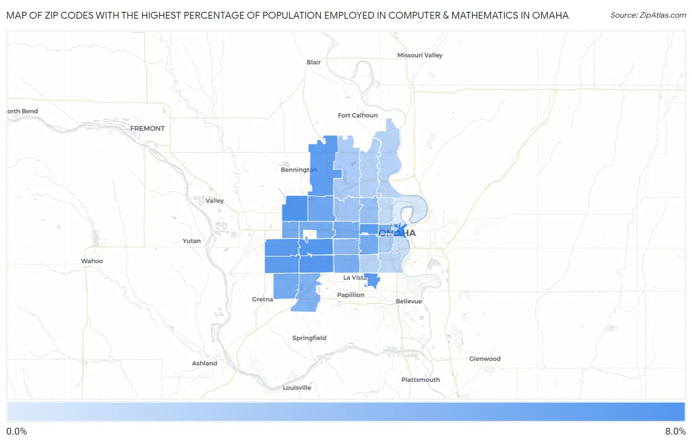 Zip Codes with the Highest Percentage of Population Employed in Computer & Mathematics in Omaha Map