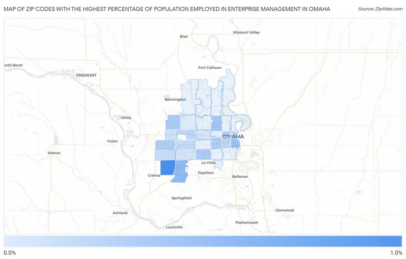 Zip Codes with the Highest Percentage of Population Employed in Enterprise Management in Omaha Map