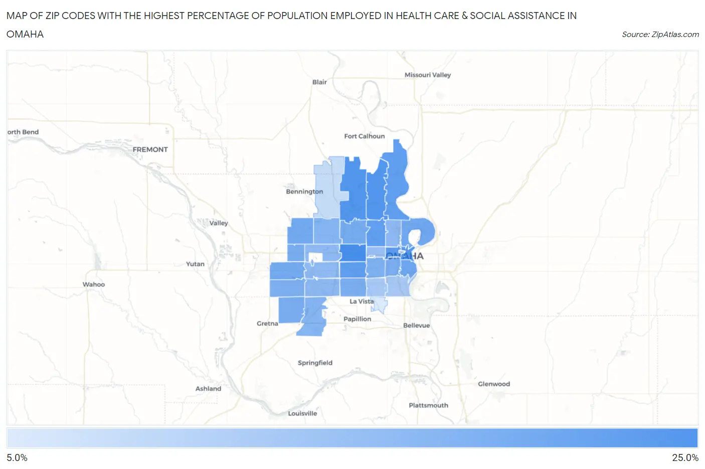 Zip Codes with the Highest Percentage of Population Employed in Health Care & Social Assistance in Omaha Map