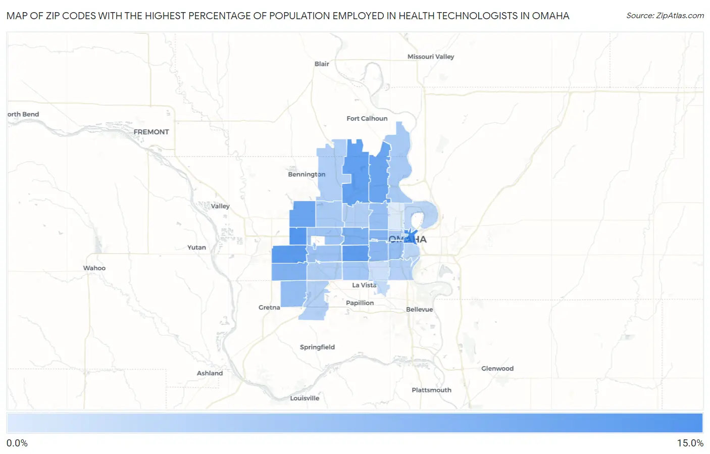 Zip Codes with the Highest Percentage of Population Employed in Health Technologists in Omaha Map