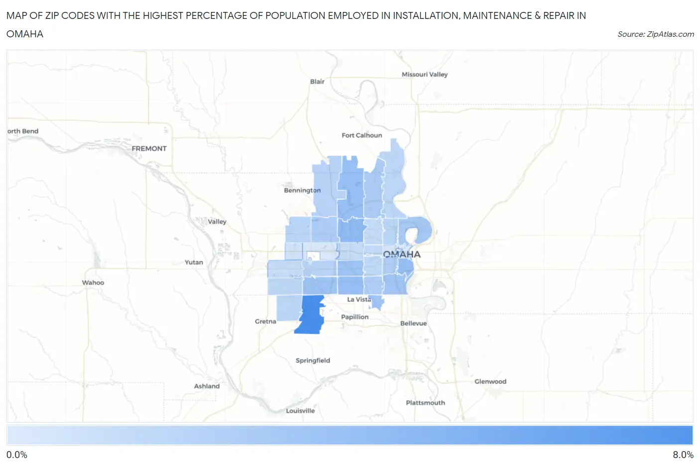 Zip Codes with the Highest Percentage of Population Employed in Installation, Maintenance & Repair in Omaha Map
