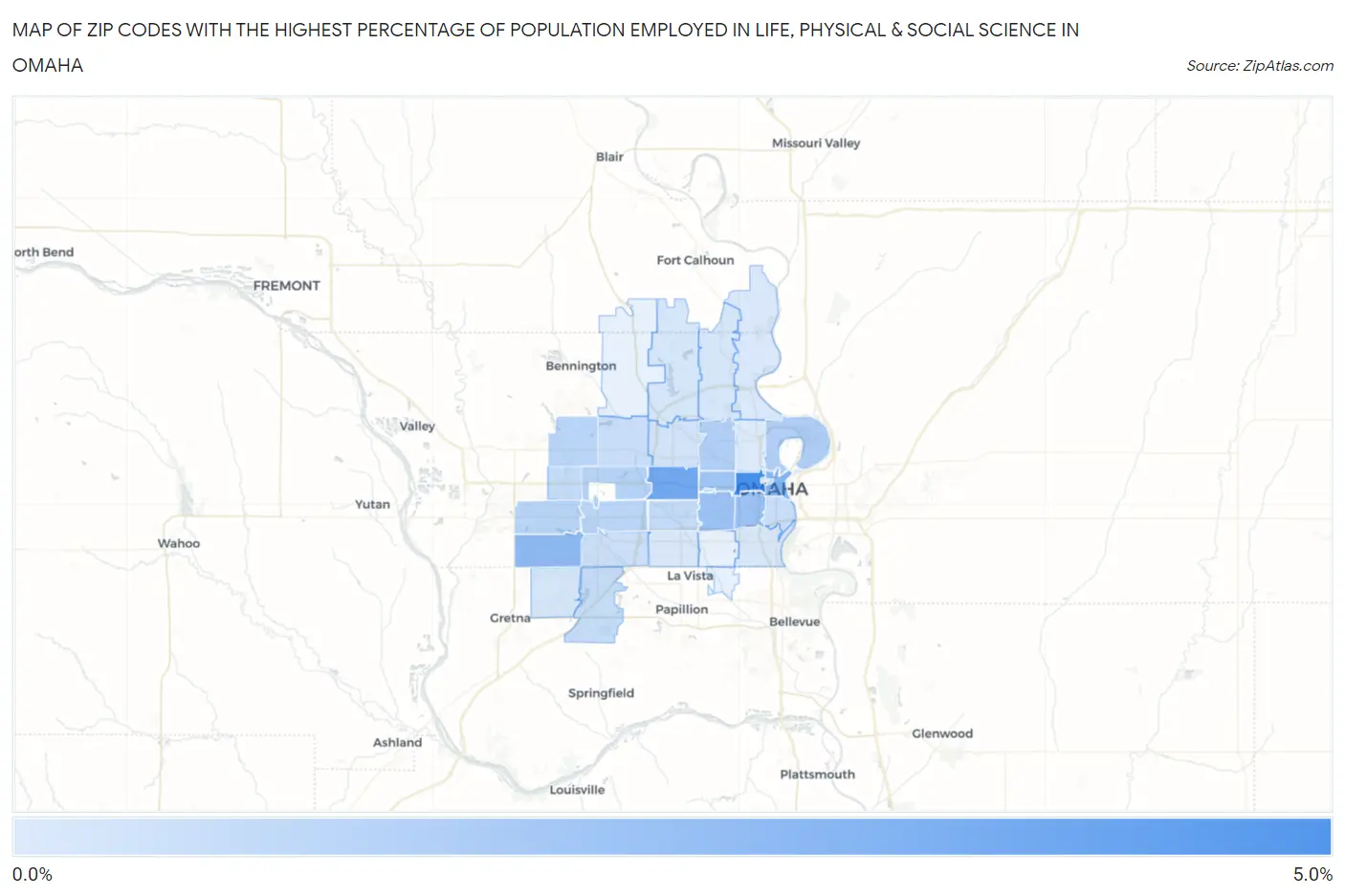Zip Codes with the Highest Percentage of Population Employed in Life, Physical & Social Science in Omaha Map