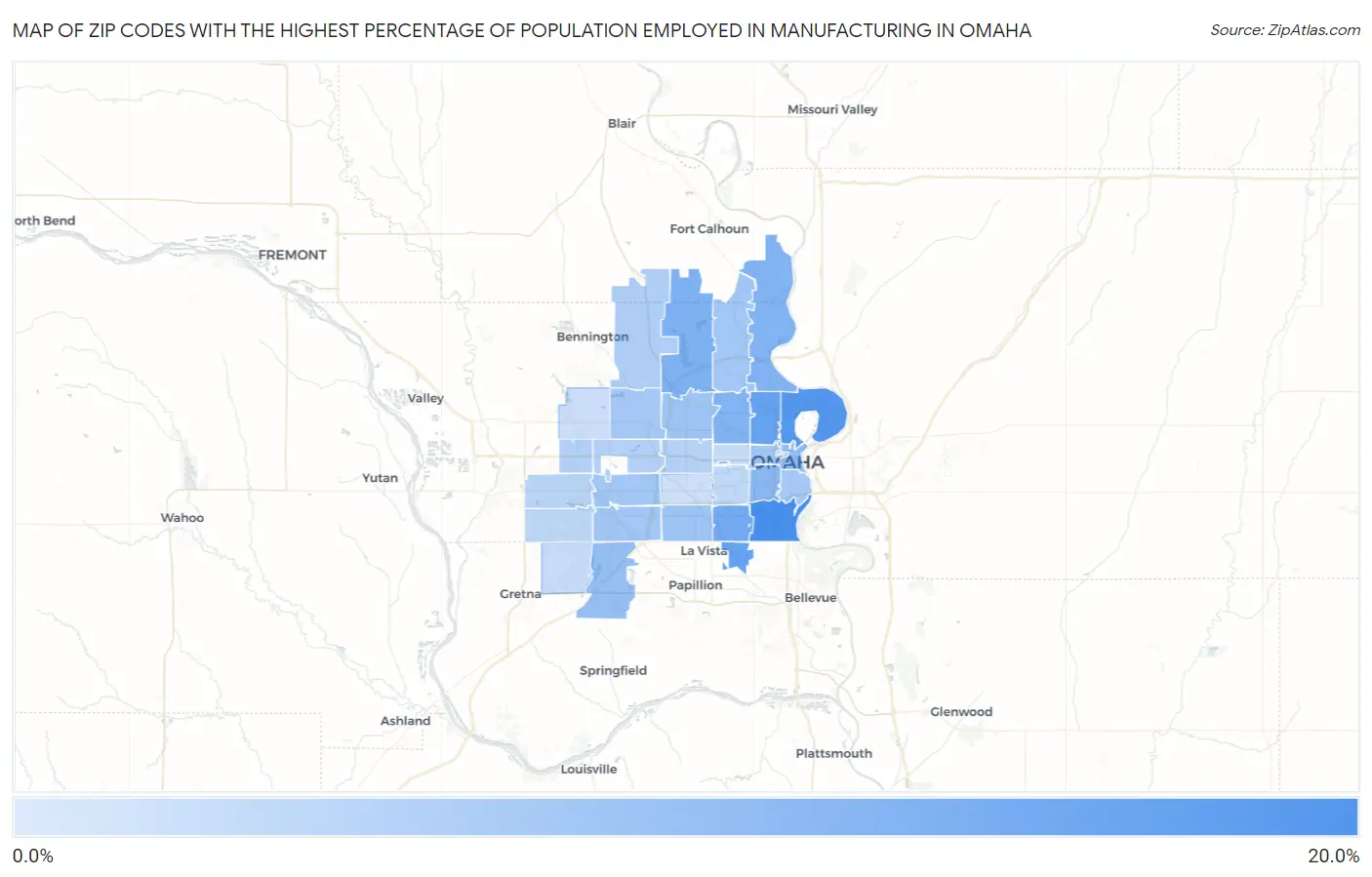 Zip Codes with the Highest Percentage of Population Employed in Manufacturing in Omaha Map