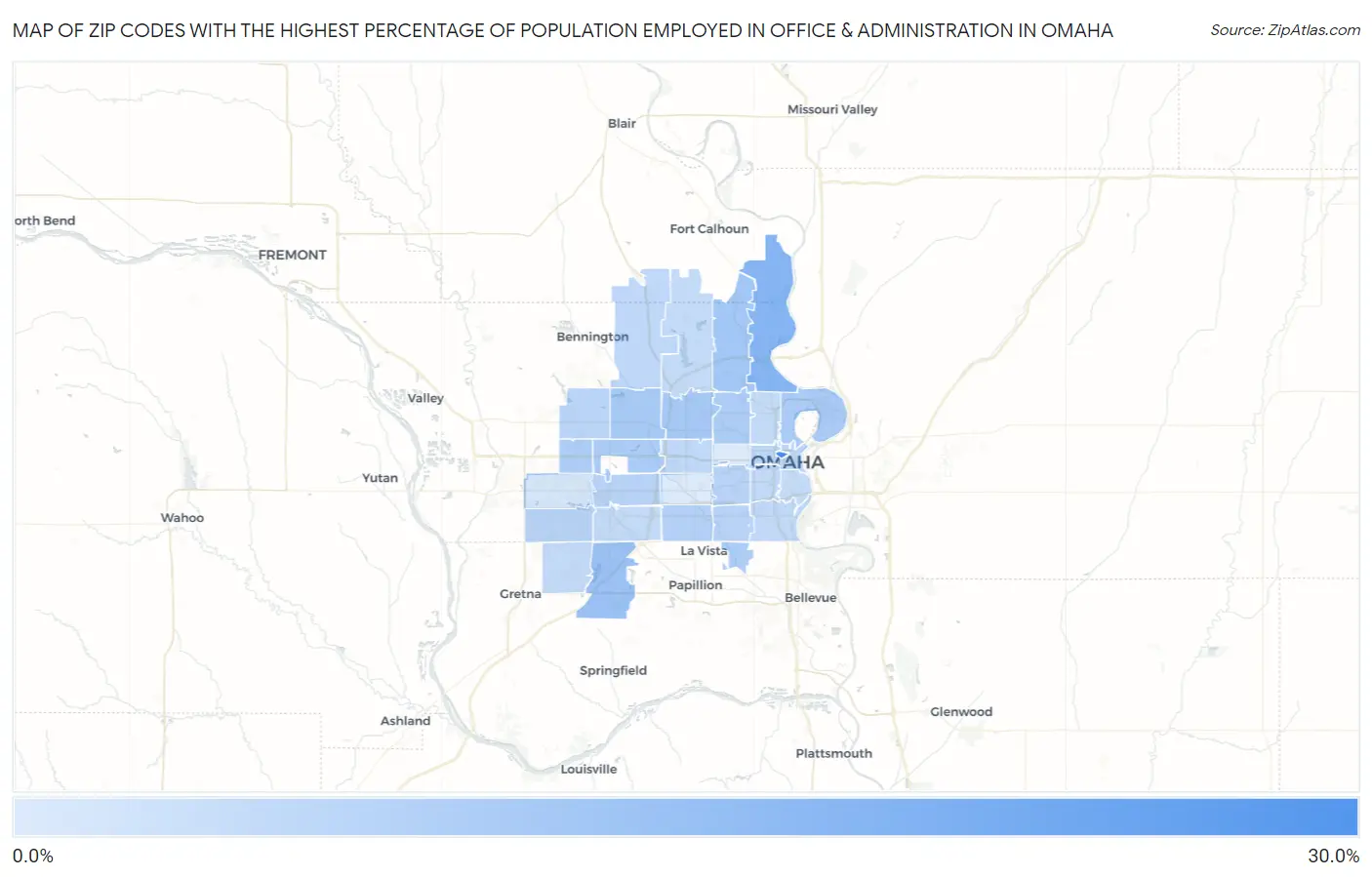 Zip Codes with the Highest Percentage of Population Employed in Office & Administration in Omaha Map