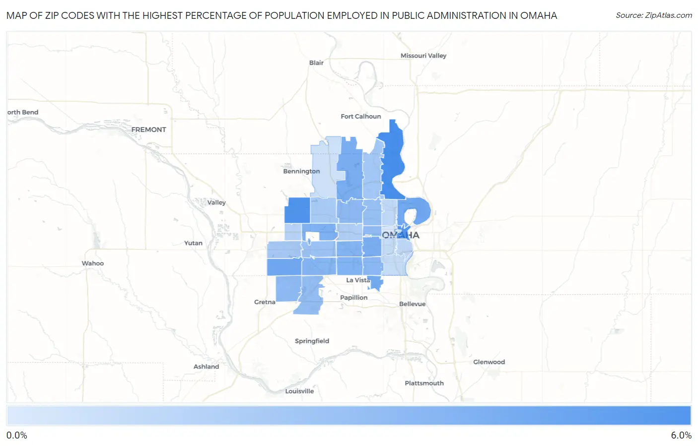 Zip Codes with the Highest Percentage of Population Employed in Public Administration in Omaha Map
