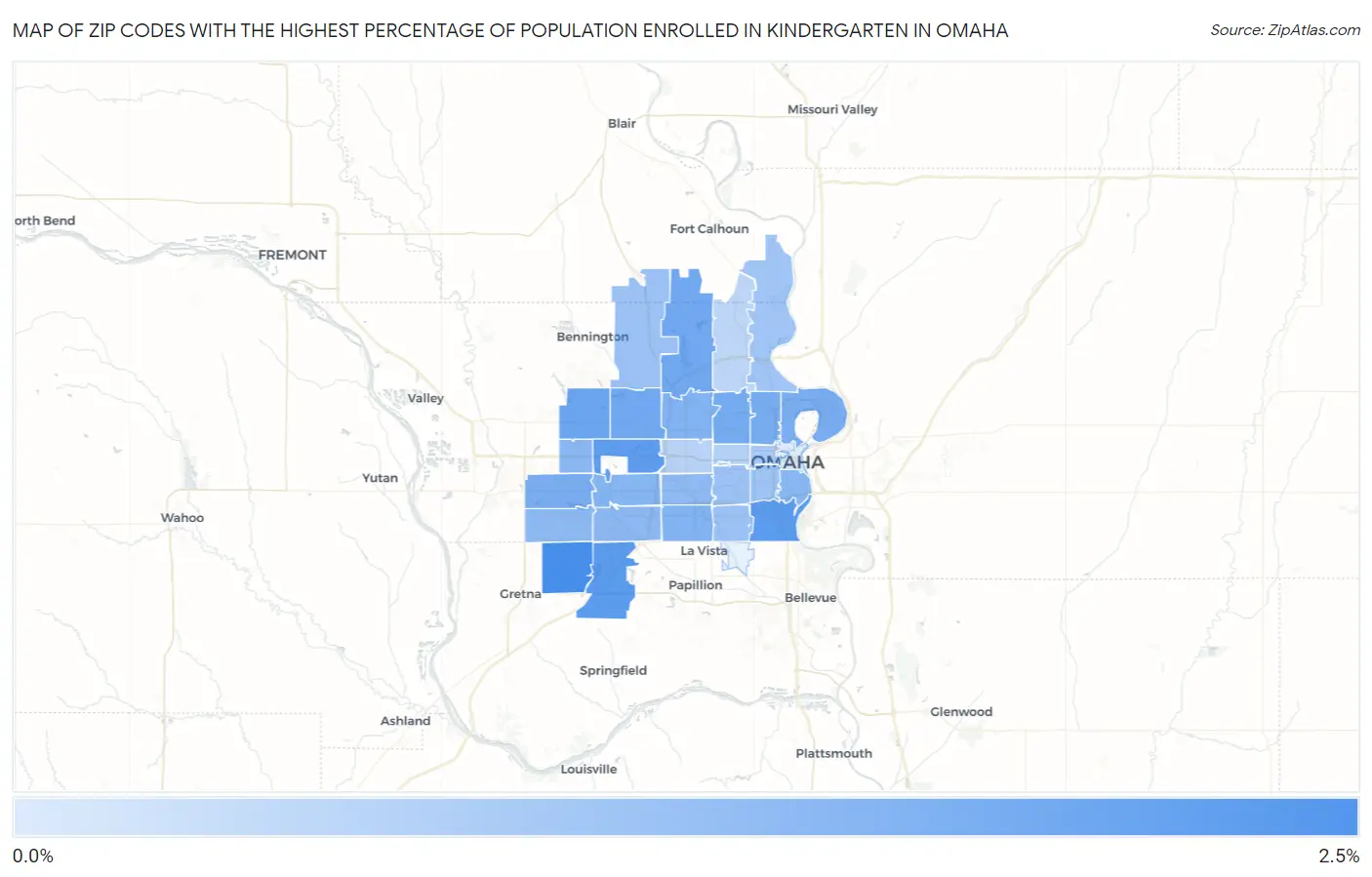 Zip Codes with the Highest Percentage of Population Enrolled in Kindergarten in Omaha Map