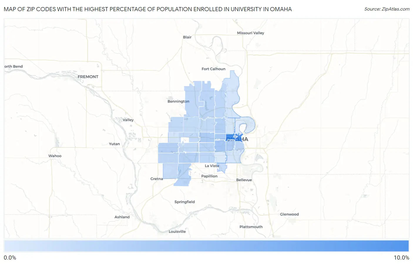 Zip Codes with the Highest Percentage of Population Enrolled in University in Omaha Map